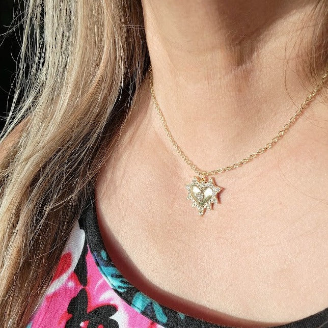 Golden Heart Sunray Necklace, Love-Inspired Celestial Necklace with Sparkle