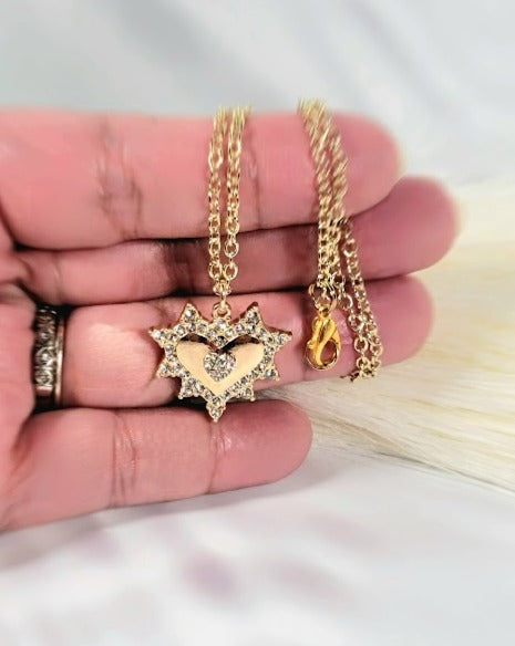 Golden Heart Sunray Necklace, Love-Inspired Celestial Necklace with Sparkle