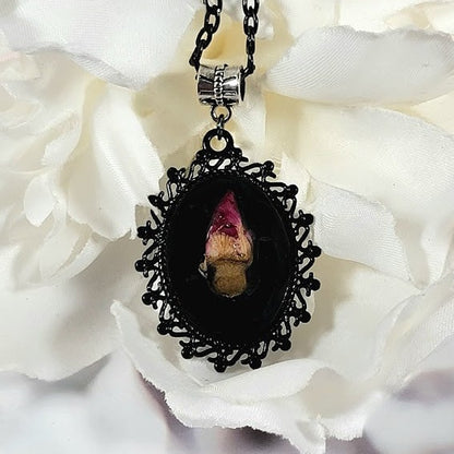 Naturally Preserved Rose Bud Necklace, Vintage Charm Pendant, Unique 3D Cameo Pendant