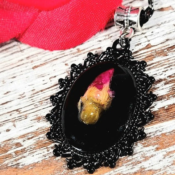 Naturally Preserved Rose Bud Necklace, Vintage Charm Pendant, Unique 3D Cameo Pendant