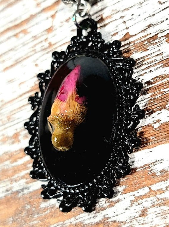 Naturally Preserved Rose Bud Necklace, Vintage Charm Pendant, Unique 3D Cameo Pendant