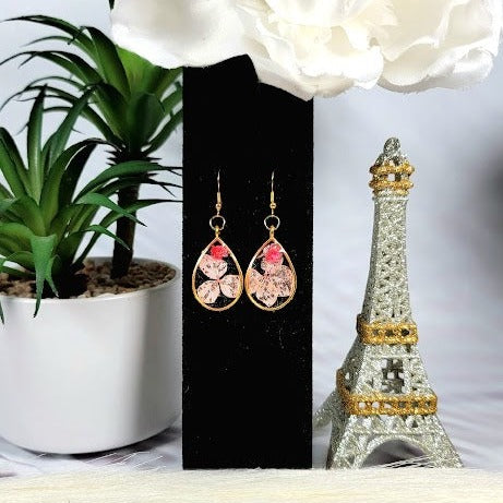 Pink Petals & Carnation Earrings, Graceful Teardrop Dangle, Unique 3D Preserved Floral Design Jewelry