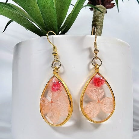 Pink Petals & Carnation Earrings, Graceful Teardrop Dangle, Unique 3D Preserved Floral Design Jewelry