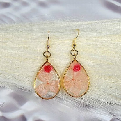 Pink Petals & Carnation Earrings, Graceful Teardrop Dangle, Unique 3D Preserved Floral Design Jewelry