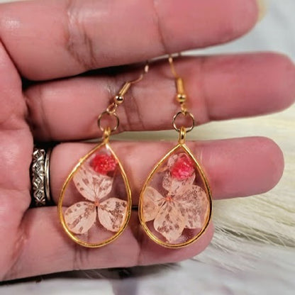 Pink Petals & Carnation Earrings, Graceful Teardrop Dangle, Unique 3D Preserved Floral Design Jewelry