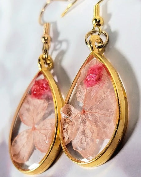 Pink Petals & Carnation Earrings, Graceful Teardrop Dangle, Unique 3D Preserved Floral Design Jewelry