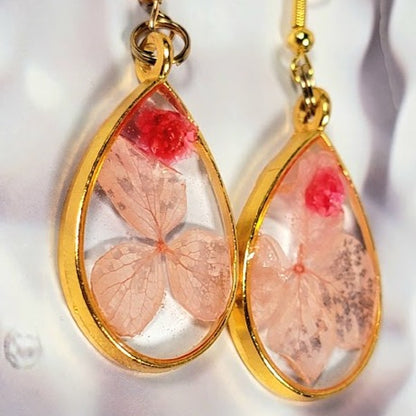 Pink Petals & Carnation Earrings, Graceful Teardrop Dangle, Unique 3D Preserved Floral Design Jewelry