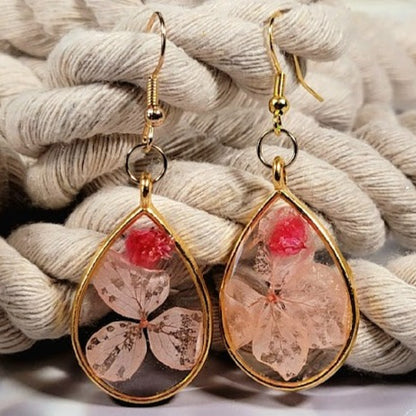 Pink Petals & Carnation Earrings, Graceful Teardrop Dangle, Unique 3D Preserved Floral Design Jewelry