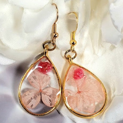 Pink Petals & Carnation Earrings, Graceful Teardrop Dangle, Unique 3D Preserved Floral Design Jewelry