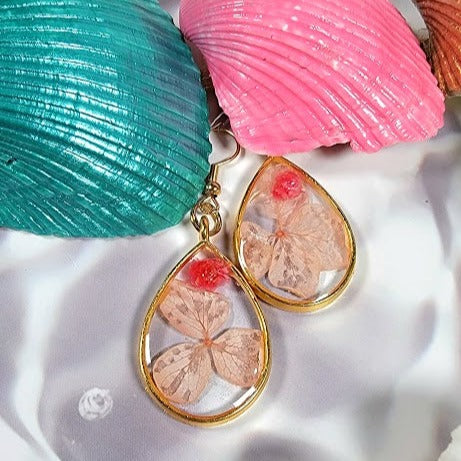 Pink Petals & Carnation Earrings, Graceful Teardrop Dangle, Unique 3D Preserved Floral Design Jewelry