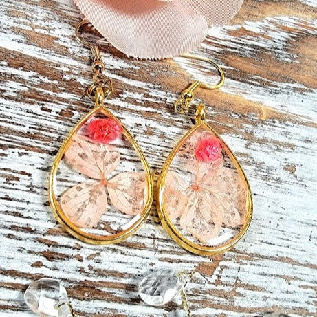 Pink Petals & Carnation Earrings, Graceful Teardrop Dangle, Unique 3D Preserved Floral Design Jewelry