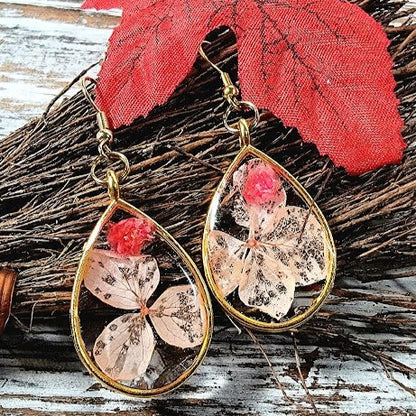 Pink Petals & Carnation Earrings, Graceful Teardrop Dangle, Unique 3D Preserved Floral Design Jewelry