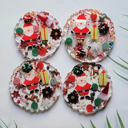 Winter Wonderland Themed Coasters Set of 4, Festive Santa & Reindeer, Elegantly Designed Christmas Tableware, Functional Art Holiday Decor