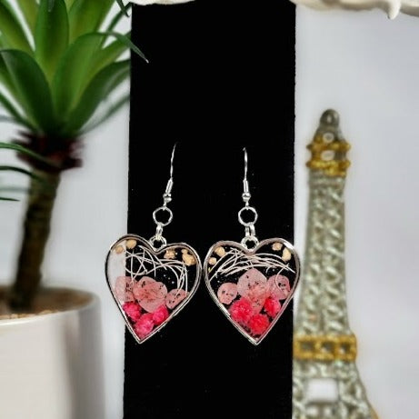 Elegant Pink Buds Dangle Earring, Naturally Preserved Carnation Flowers in Silver Heart Pendants