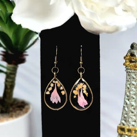 Preserved Baby Pink Petals Earrings, Versatile Occasion Wearable Dangle, Antique Bronze Teardrop Dangle