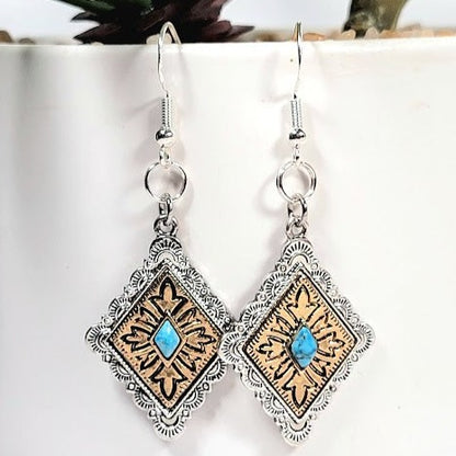 Pendientes diseñados con cho del suroeste, accesorio rústico y refinado, diseño tradicional inspirado en una silla de montar, colgantes hechos a mano en forma de diamante