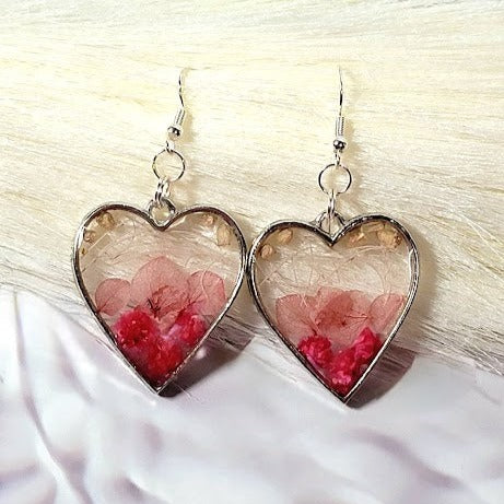 Elegant Pink Buds Dangle Earring, Naturally Preserved Carnation Flowers in Silver Heart Pendants