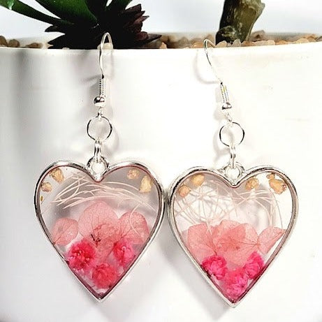 Elegant Pink Buds Dangle Earring, Naturally Preserved Carnation Flowers in Silver Heart Pendants