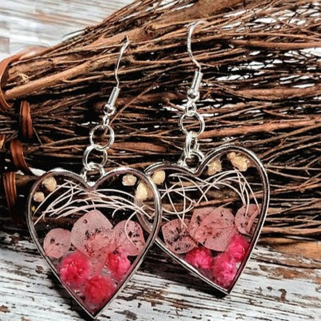 Elegant Pink Buds Dangle Earring, Naturally Preserved Carnation Flowers in Silver Heart Pendants