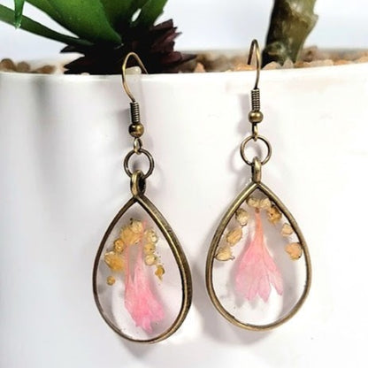 Preserved Baby Pink Petals Earrings, Versatile Occasion Wearable Dangle, Antique Bronze Teardrop Dangle