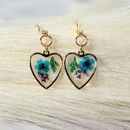 Blue Heart Earrings, Elegant Blue & Purple Flower Earring, Small Heart-Shaped Floral Pendant