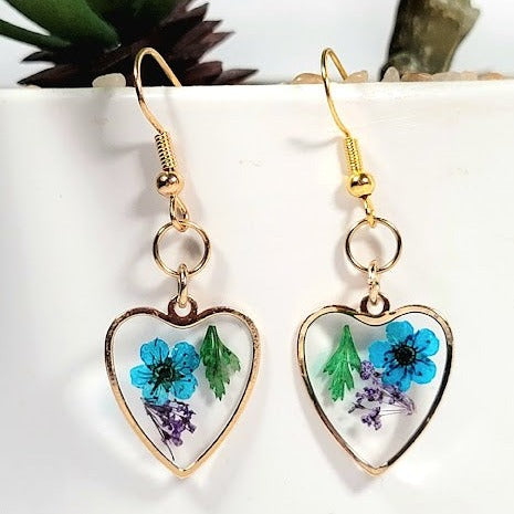 Blue Heart Earrings, Elegant Blue & Purple Flower Earring, Small Heart-Shaped Floral Pendant