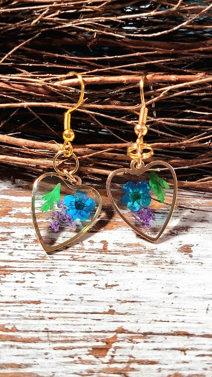 Blue Heart Earrings, Elegant Blue & Purple Flower Earring, Small Heart-Shaped Floral Pendant