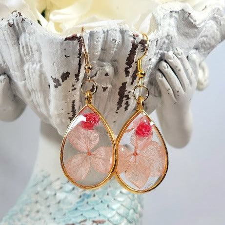 Pink Petals & Carnation Earrings, Graceful Teardrop Dangle, Unique 3D Preserved Floral Design Jewelry