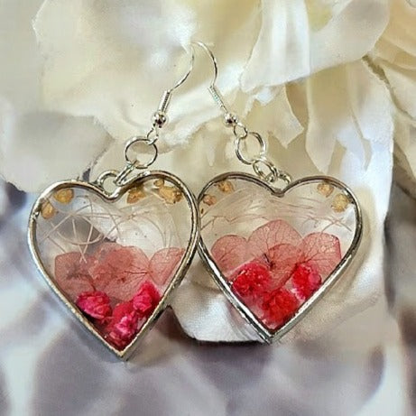 Elegant Pink Buds Dangle Earring, Naturally Preserved Carnation Flowers in Silver Heart Pendants