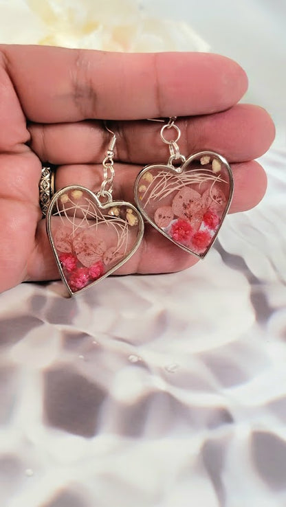 Elegant Pink Buds Dangle Earring, Naturally Preserved Carnation Flowers in Silver Heart Pendants