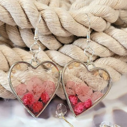 Elegant Pink Buds Dangle Earring, Naturally Preserved Carnation Flowers in Silver Heart Pendants