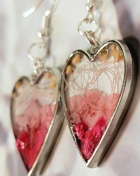 Elegant Pink Buds Dangle Earring, Naturally Preserved Carnation Flowers in Silver Heart Pendants