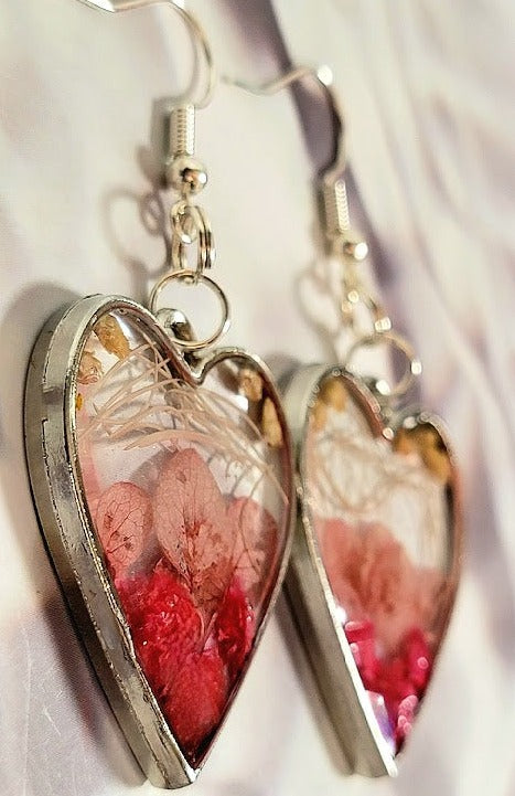 Elegant Pink Buds Dangle Earring, Naturally Preserved Carnation Flowers in Silver Heart Pendants