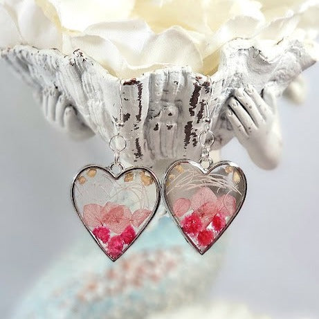 Elegant Pink Buds Dangle Earring, Naturally Preserved Carnation Flowers in Silver Heart Pendants