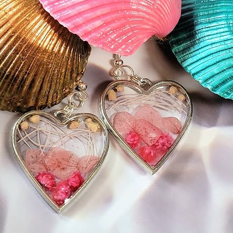 Elegant Pink Buds Dangle Earring, Naturally Preserved Carnation Flowers in Silver Heart Pendants