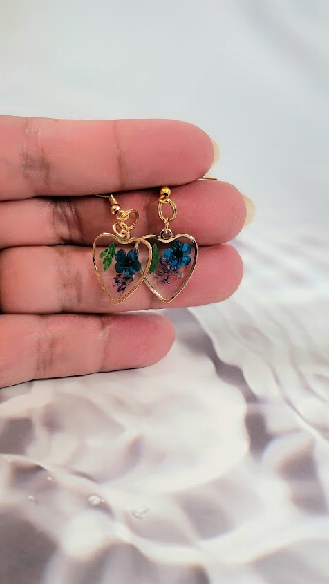 Blue Heart Earrings, Elegant Blue & Purple Flower Earring, Small Heart-Shaped Floral Pendant