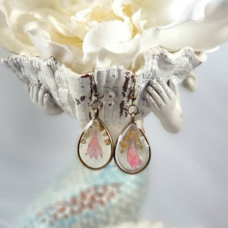 Preserved Baby Pink Petals Earrings, Versatile Occasion Wearable Dangle, Antique Bronze Teardrop Dangle