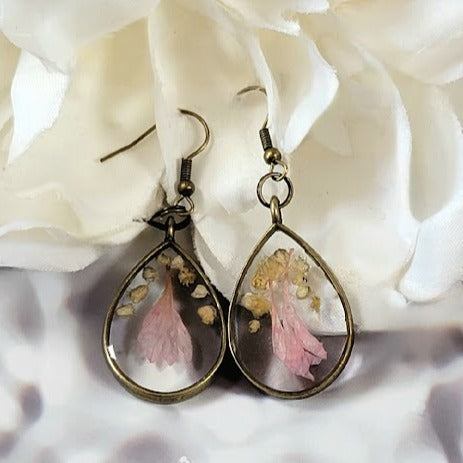 Preserved Baby Pink Petals Earrings, Versatile Occasion Wearable Dangle, Antique Bronze Teardrop Dangle