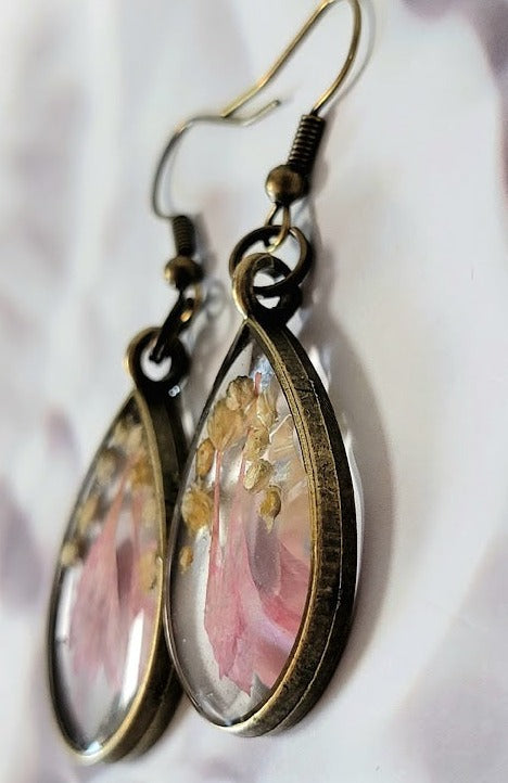 Preserved Baby Pink Petals Earrings, Versatile Occasion Wearable Dangle, Antique Bronze Teardrop Dangle