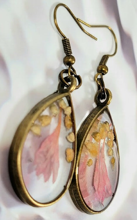 Preserved Baby Pink Petals Earrings, Versatile Occasion Wearable Dangle, Antique Bronze Teardrop Dangle