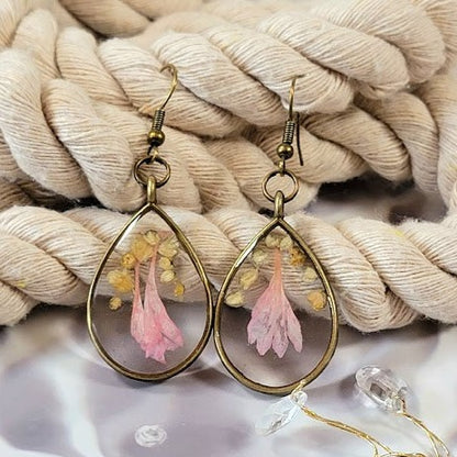 Preserved Baby Pink Petals Earrings, Versatile Occasion Wearable Dangle, Antique Bronze Teardrop Dangle