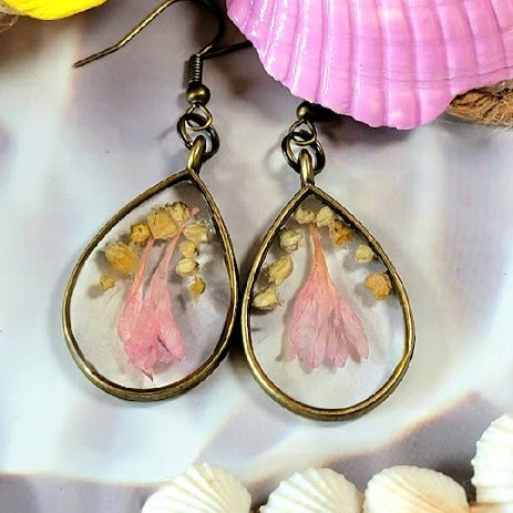 Preserved Baby Pink Petals Earrings, Versatile Occasion Wearable Dangle, Antique Bronze Teardrop Dangle