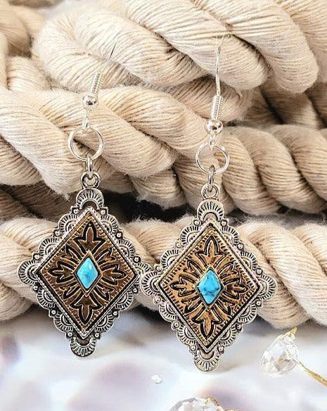 Pendientes diseñados con cho del suroeste, accesorio rústico y refinado, diseño tradicional inspirado en una silla de montar, colgantes hechos a mano en forma de diamante