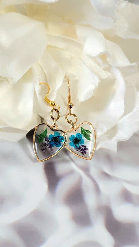 Blue Heart Earrings, Elegant Blue & Purple Flower Earring, Small Heart-Shaped Floral Pendant