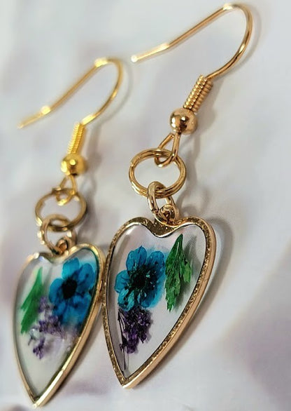 Blue Heart Earrings, Elegant Blue & Purple Flower Earring, Small Heart-Shaped Floral Pendant