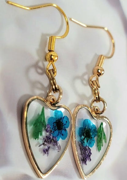 Blue Heart Earrings, Elegant Blue & Purple Flower Earring, Small Heart-Shaped Floral Pendant