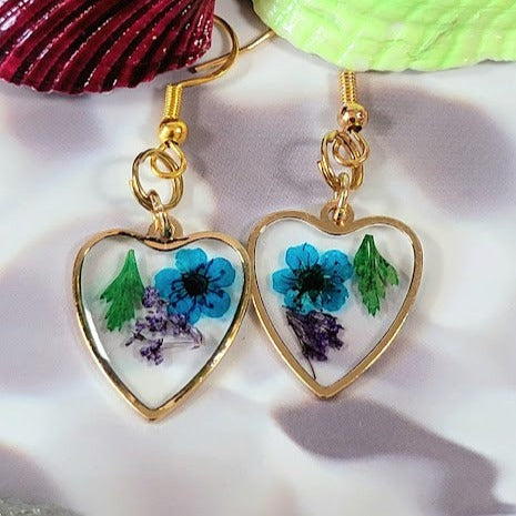 Blue Heart Earrings, Elegant Blue & Purple Flower Earring, Small Heart-Shaped Floral Pendant