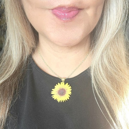 Stunning Sunflower Necklace on Natural Wood, Bright & Positive Floral Pendant for All Occasions, Artistic Hand-Painted Lifelike Jewelry