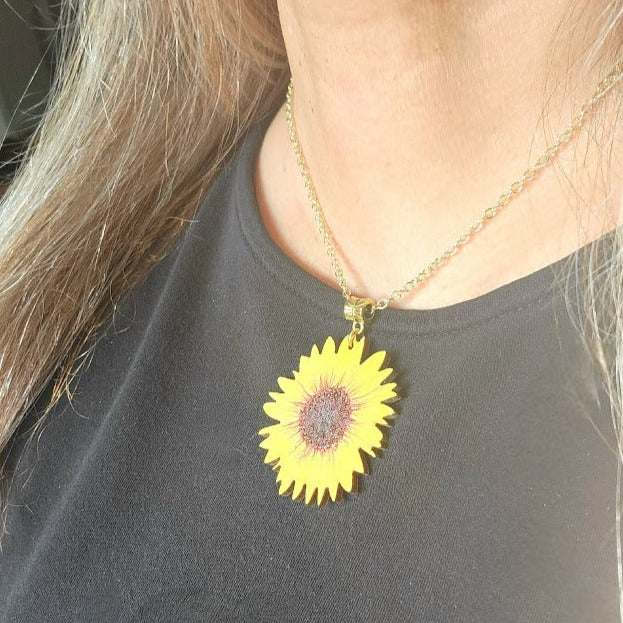 Stunning Sunflower Necklace on Natural Wood, Bright & Positive Floral Pendant for All Occasions, Artistic Hand-Painted Lifelike Jewelry