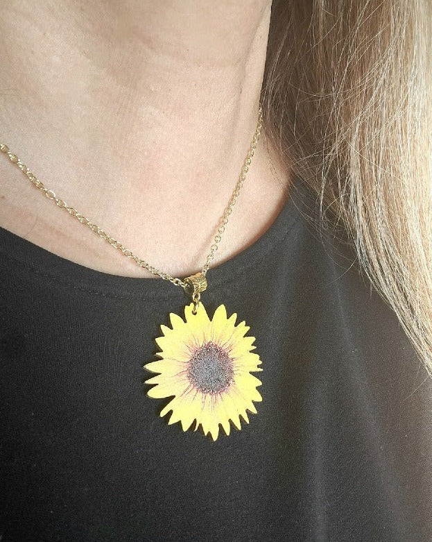 Stunning Sunflower Necklace on Natural Wood, Bright & Positive Floral Pendant for All Occasions, Artistic Hand-Painted Lifelike Jewelry